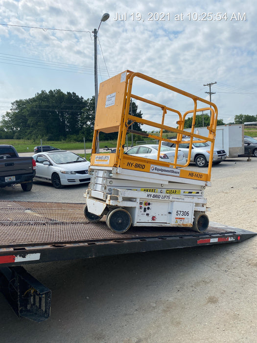 Custom Equipment HB-1430 <ul>
 <li>Hy-Brid Scissor Lift</li>
  <li>Platform capacity up to 670 lbs.</li>
  <li>Working height up to 20 ft</li>
  <li>Weighs under 1,700 lbs.</li>
  <li>Non-marking wheels </li>
</ul>
