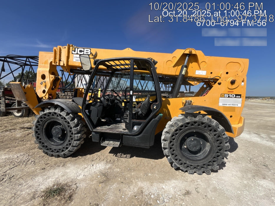 2019 JCB 510-56 Open ROPS, 74 HP, Solid Tires, Worklights, Beacon, Aux Hydraulics, Lifting Eye 66" Carriage/60" Forks