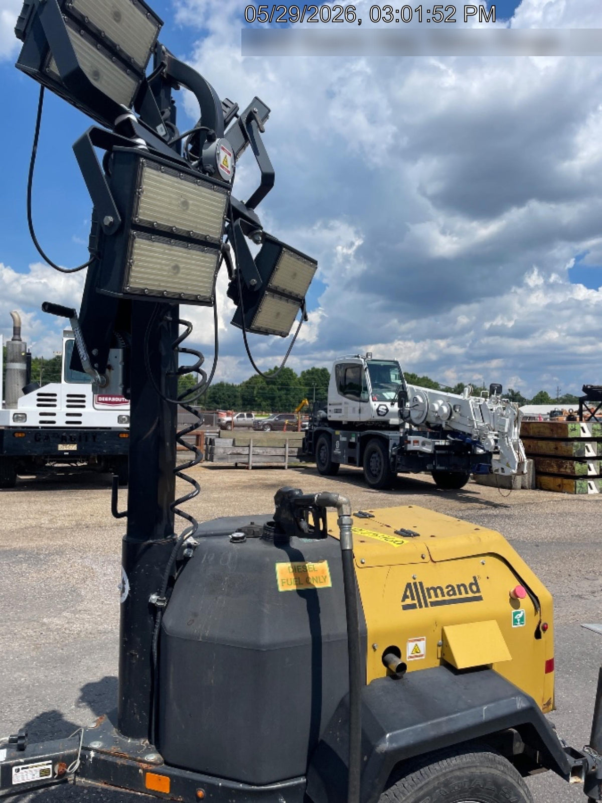 2022 Allmand NLV3GR (4) LED Light Fixture 350W, 23' Vertical Mast, 3kW Prime, Towable, Deep Sea L401, Leveling Jacks, Yanmar T4F 5.8hp