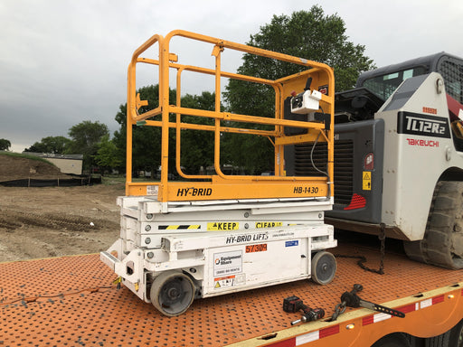 Custom Equipment HB-1430 <ul>
 <li>Hy-Brid Scissor Lift</li>
  <li>Platform capacity up to 670 lbs.</li>
  <li>Working height up to 20 ft</li>
  <li>Weighs under 1,700 lbs.</li>
  <li>Non-marking wheels </li>
</ul>