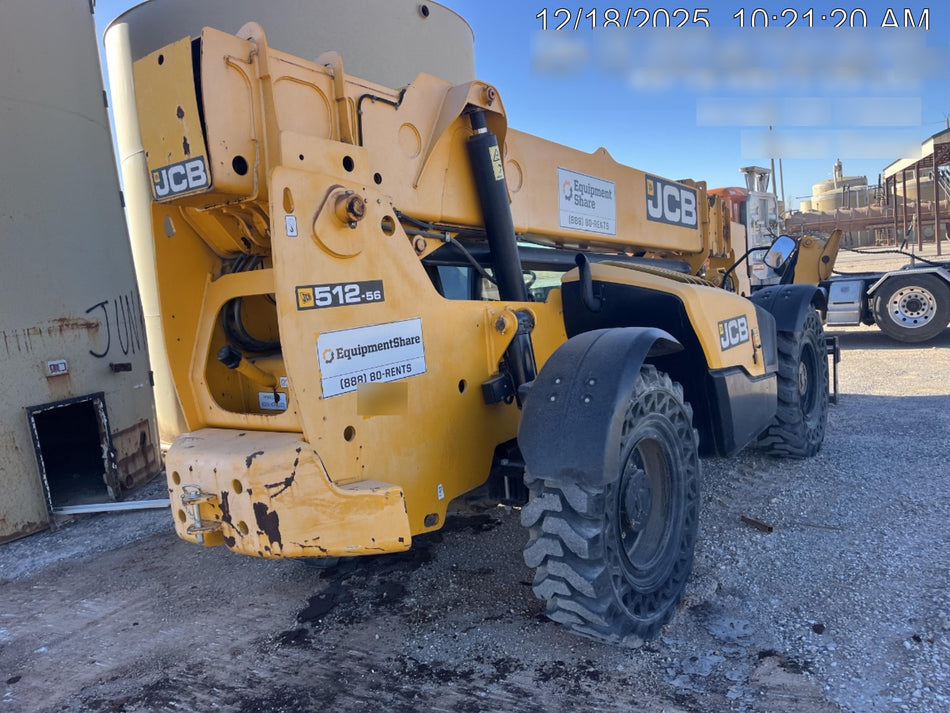2019 JCB 512-56 Enclosed Cab, 109 HP, Solid Tires, Worklights, Beacon, Aux Hydraulics, Lifting Eye w/60" Carriage/60" Forks