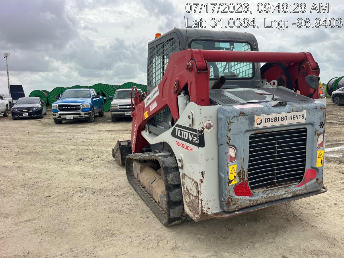 2019 Takeuchi TL10V2-CR Cab/Heat/AC, Rubber Tracks, Backup Alarm, Front & rear working Lights, Auxiliary Hydraulics, 2 Speed Travel, Engine Monitoring System, Hydraulic universal quick hitch w/76" HD smooth dirt bucket with bolt-on edge, 20.3 cubic feet capacity, 48" Pallet forks and frame