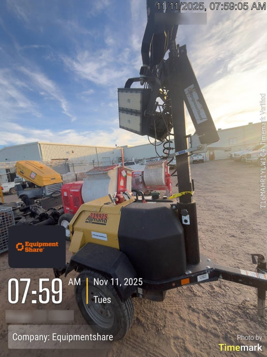 2022 Allmand NLV3GR (4) LED Light Fixture 350W, 23' Vertical Mast, 3kW Prime, Towable, Deep Sea L401, Leveling Jacks, Yanmar T4F 5.8hp