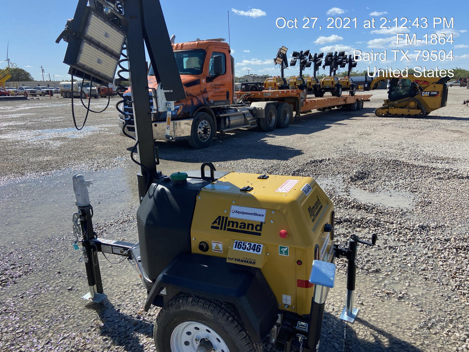 2021 Allmand NLV3GR (4) LED Light Fixture 350W, 23' Vertical Mast, 3kW Prime, Towable, Deep Sea L401, Leveling Jacks, Yanmar T4F 5.8hp