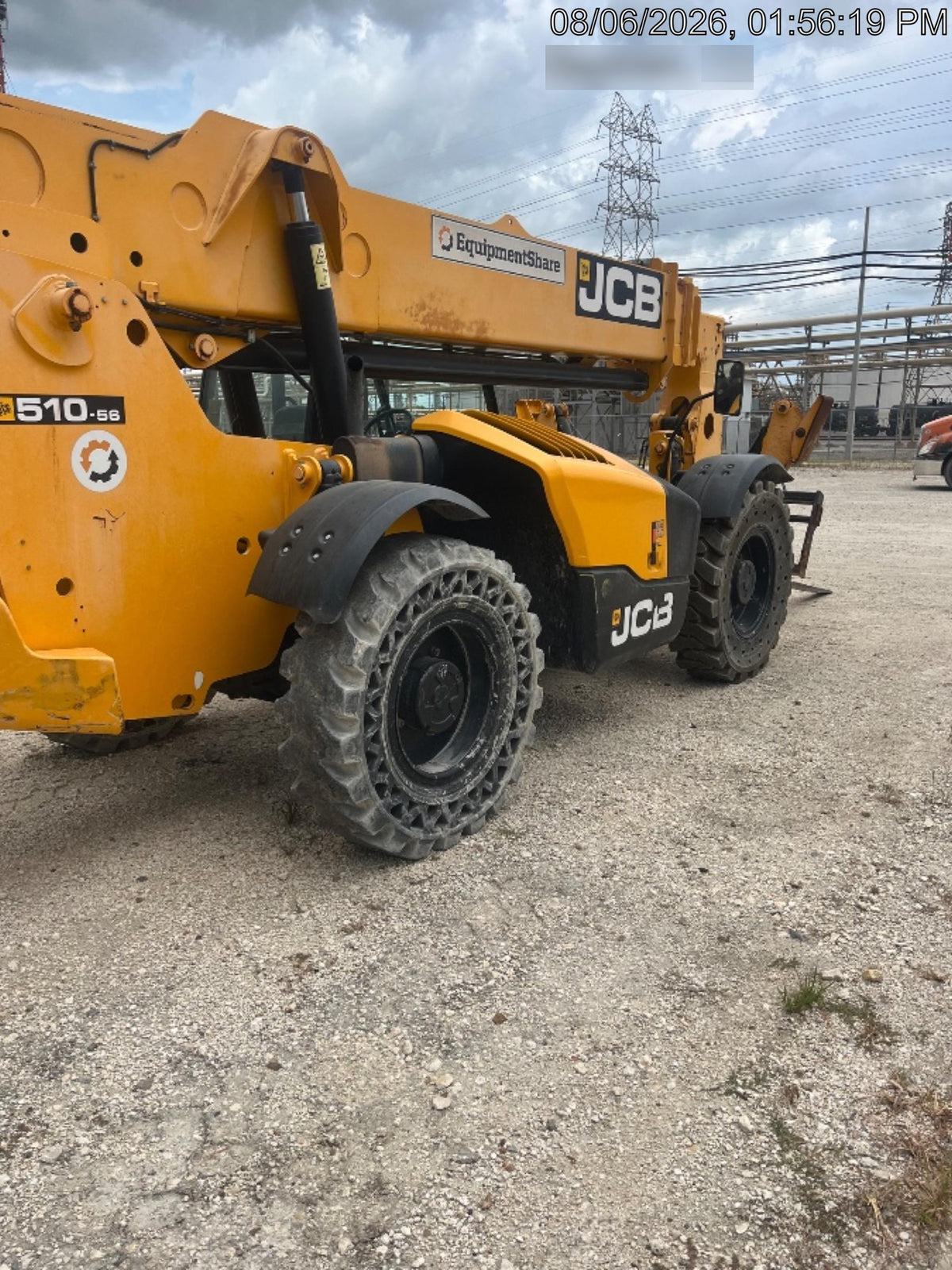 2019 JCB 510-56 Open ROPS, 74 HP, Solid Tires, Worklights, Beacon, Aux Hydraulics, Lifting Eye w/66" Carriage/60" Forks