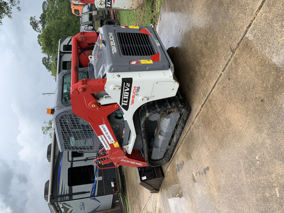 2019 Takeuchi TL10V2-CR Cab/Heat/AC, Rubber Tracks, Backup Alarm, Front & rear working Lights, Auxiliary Hydraulics, 2 Speed Travel, Engine Monitoring System, Hydraulic universal quick hitch w/76" HD smooth dirt bucket with bolt-on edge, 20.3 cubic feet capacity, 48" Pallet forks and frame