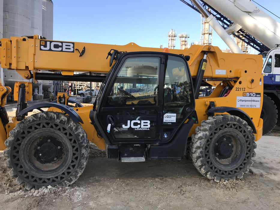 2018 JCB 510-56 JCB 510-56 Telehandler 74 HP w/CAB/HVAC, Beacon, Worklights, Aux Hydraulics, Solid Tires, 60" Carriage/Forks