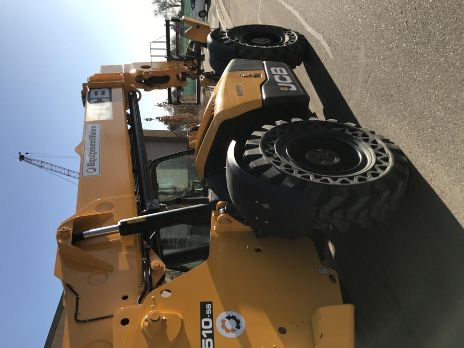 2020 JCB 510-56 Cab/Heat/Air, 74 HP, Solid Tires, STD Worklight, Beacon, Aux Hydraulics, Lifting Eye, Back up Alarm w/66" Carriage/60" Forks