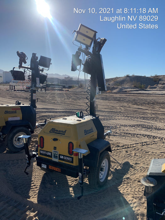 2021 Allmand NLV3GR (4) LED Light Fixture 350W, 23' Vertical Mast, 3kW Prime, Towable, Deep Sea L401, Leveling Jacks, Yanmar T4F 5.8hp