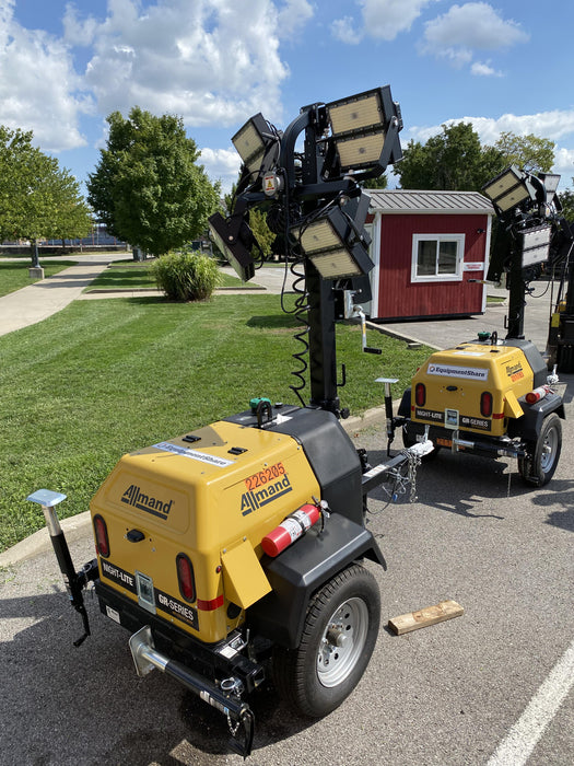 2022 Allmand NLV3GR (4) LED Light Fixture 350W, 23' Vertical Mast, 3kW Prime, Towable, Deep Sea L401, Leveling Jacks, Yanmar T4F 5.8hp