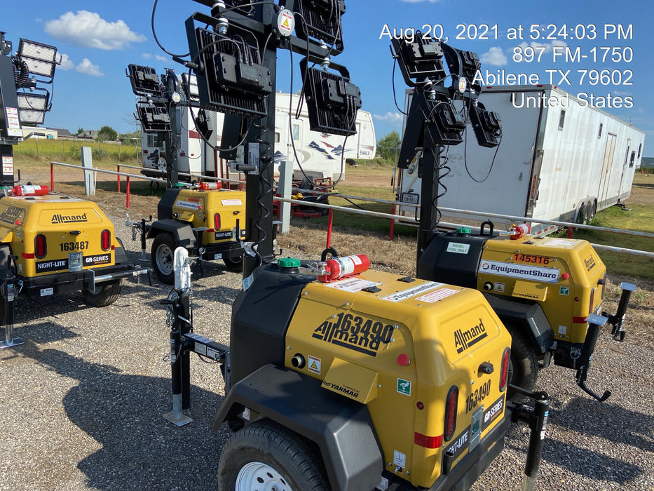 2021 Allmand NLV3GR (4) LED Light Fixture 350W, 23' Vertical Mast, 3kW Prime, Towable, Deep Sea L401, Leveling Jacks, Yanmar T4F 5.8hp