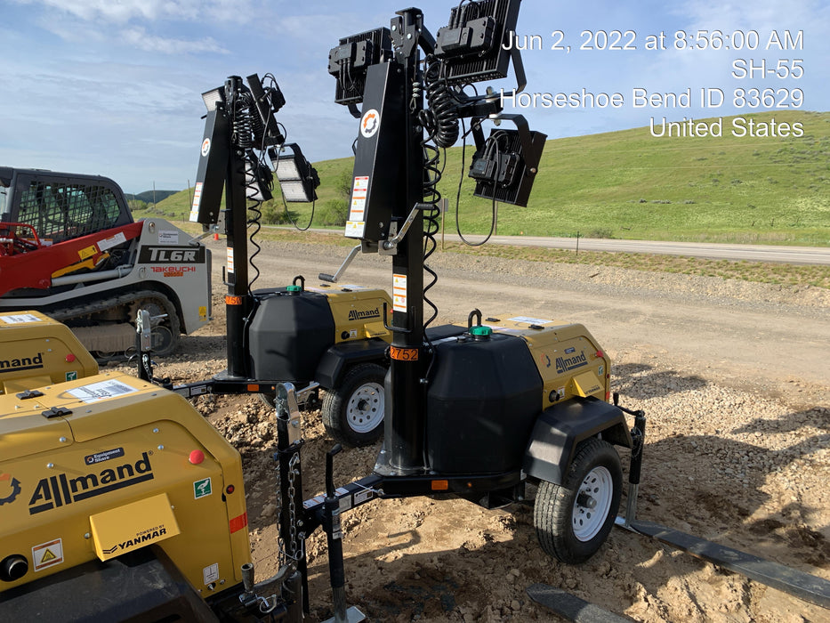 2021 Allmand NLV3GR (4) LED Light Fixture 350W, 23' Vertical Mast, 3kW Prime, Towable, Deep Sea L401, Leveling Jacks, Yanmar T4F 5.8hp