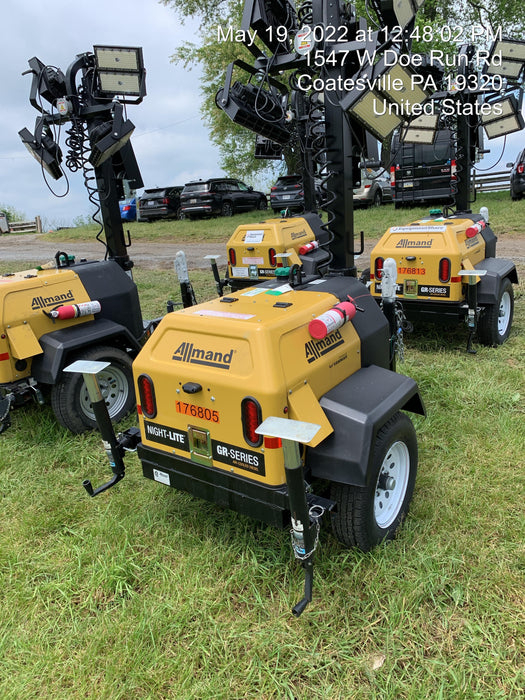 Allmand NLV3GR (4) LED Light Fixture 350W, 23' Vertical Mast, 3kW Prime, Towable, Deep Sea L401, Leveling Jacks, Yanmar T4F 5.8hp