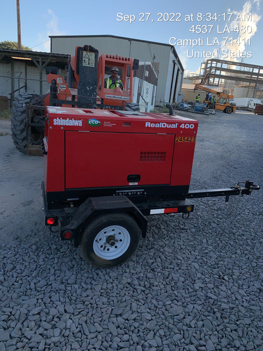 2022 Shindaiwa DGW400MDL Kubota D902 Engine, 23 HP, Dual Op Welder, Wire, Arc, Droop Stick, Tig, and CC Stick Functionality, Simulphase, 3 Phase and 1 Phase Gen Output, Single Axle NB Trlr, Slr Trckl Chrg 12V 12W, Fire Ext
