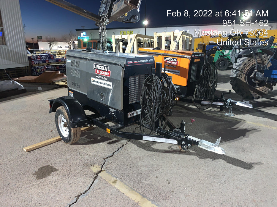 2019 Lincoln Electric Vantage 322 Ready-Pak 3, Two Wheel Trailer, Fender and Light Kit, Cable Rack