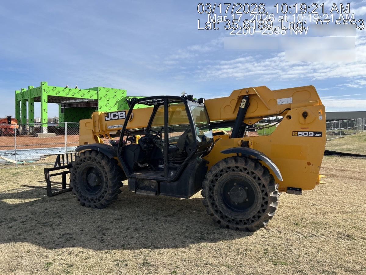 2019 JCB 509-42 74 HP w/Open ROPS, Beacon, Aux Hydraulics, LED Work lights, Solid Tires 66" Carriage/60" Forks
