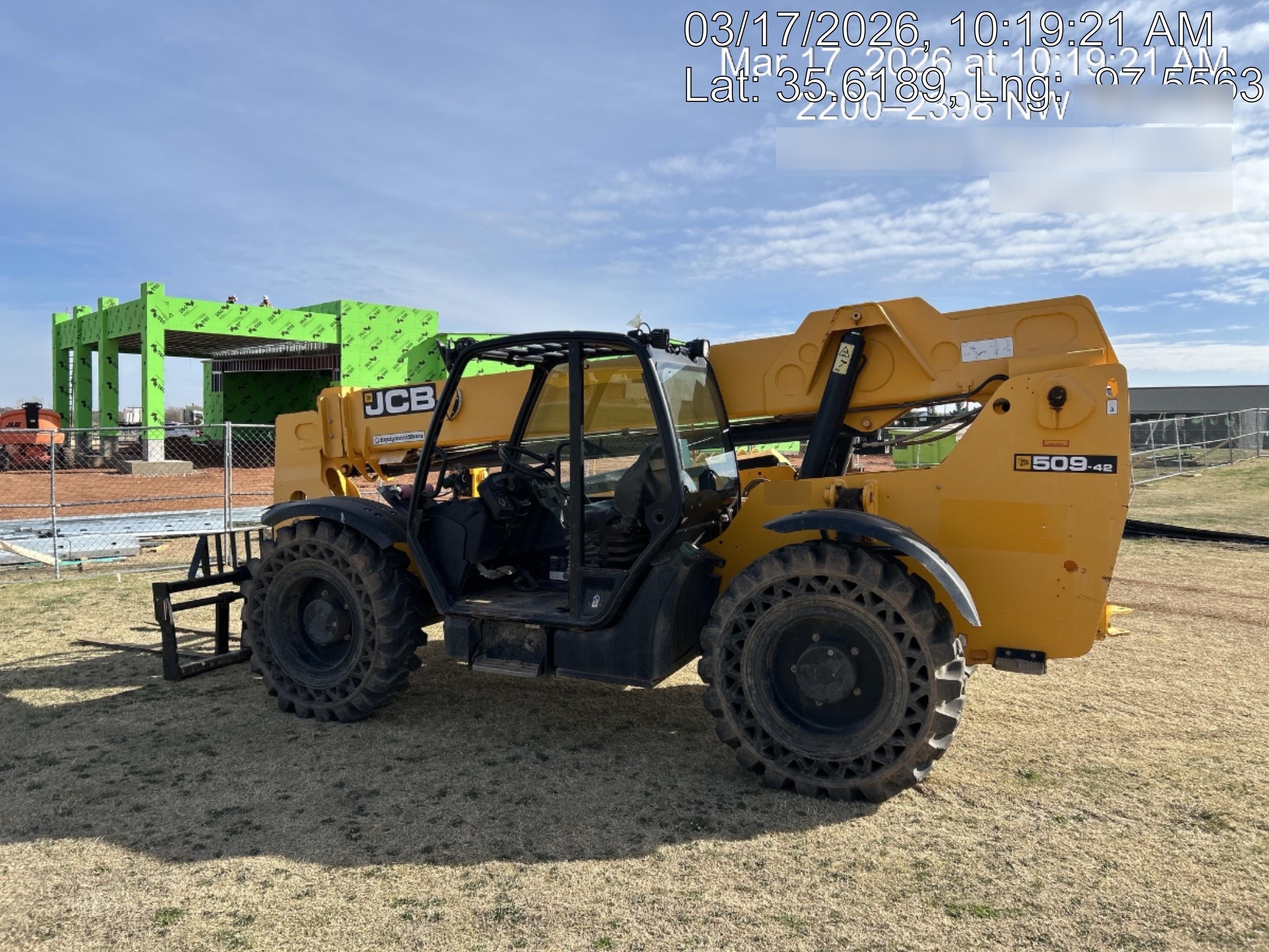 2019 JCB 509-42 74 HP w/Open ROPS, Beacon, Aux Hydraulics, LED Work lights, Solid Tires 66" Carriage/60" Forks
