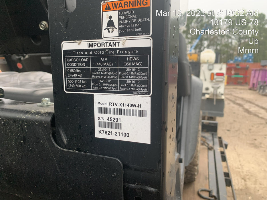 2021 Kubota RTV-X1140W-H Plastic Canopy, Windshield Acrylic Clear, LED Strobe Light, Wire Harness Kit, Back up Alarm