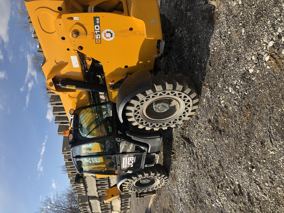 2020 JCB 510-56 Cab/Heat/Air, 74 HP, Solid Tires, STD Worklight, Beacon, Aux Hydraulics, Lifting Eye, Back up Alarm w/66" Carriage/60" Forks