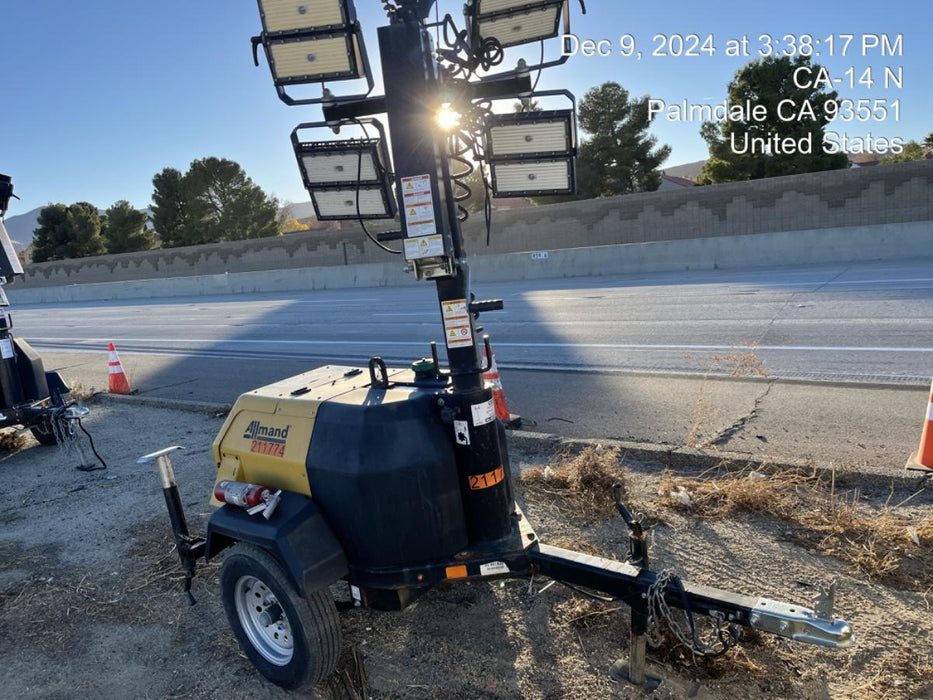 2022 Allmand NLV3GR (4) LED Light Fixture 350W, 23' Vertical Mast, 3kW Prime, Towable, Deep Sea L401, Leveling Jacks, Yanmar T4F 5.8hp