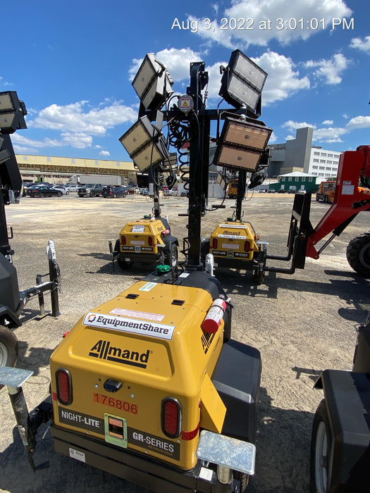 Allmand NLV3GR (4) LED Light Fixture 350W, 23' Vertical Mast, 3kW Prime, Towable, Deep Sea L401, Leveling Jacks, Yanmar T4F 5.8hp