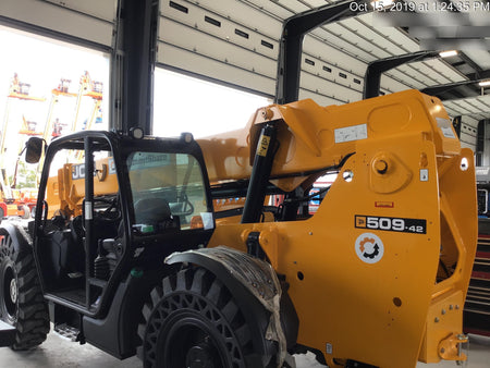 2019 JCB 509-42 74 HP w/Open ROPS, Beacon, Aux Hydraulics, LED Work lights, Solid Tires w/66" Carriage/60" Forks