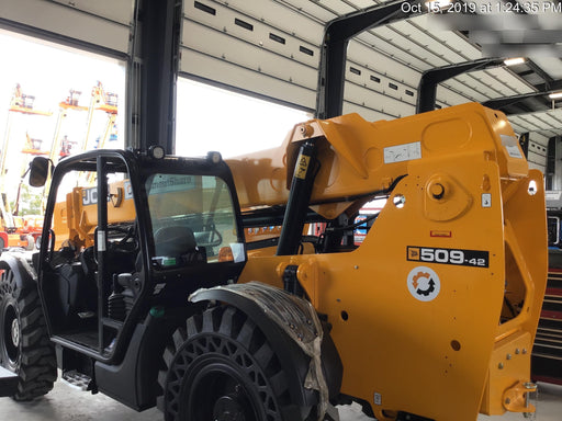 2019 JCB 509-42 74 HP w/Open ROPS, Beacon, Aux Hydraulics, LED Work lights, Solid Tires w/66" Carriage/60" Forks