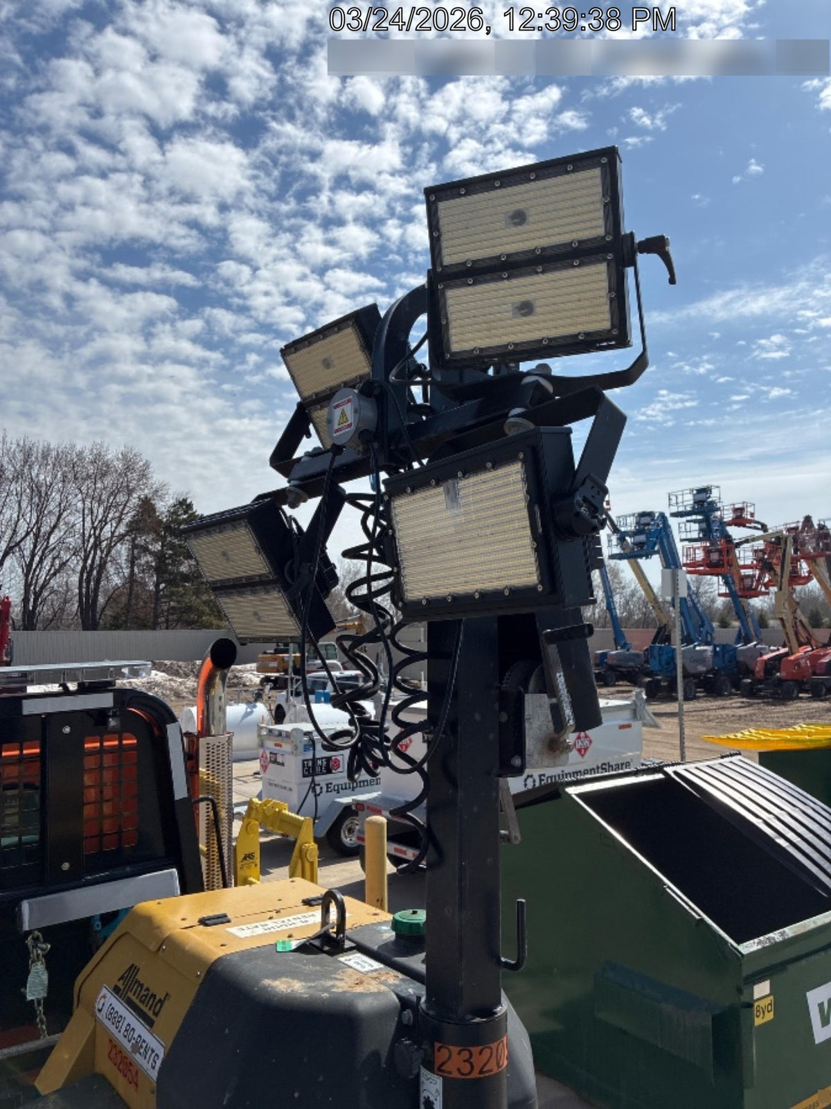 2022 Allmand NLV3GR (4) LED Light Fixture 350W, 23' Vertical Mast, 3kW Prime, Towable, Deep Sea L401, Leveling Jacks, Yanmar T4F 5.8hp