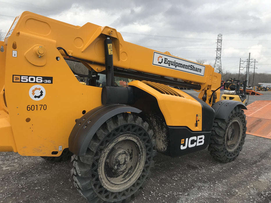2020 JCB 506-36 Cab/Heat/Air, 74 HP, Solid Tires, STD Worklight, Beacon, Aux Hydraulics, Lifting Eye, Back up Alarm w/48" Carriage/48" Forks