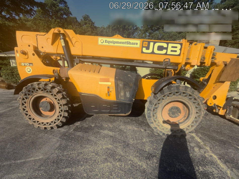 2020 JCB 510-56 Cab/Heat/Air, 74 HP, Solid Tires, STD Worklight, Beacon, Aux Hydraulics, Lifting Eye, Back up Alarm w/66" Carriage/60" Forks