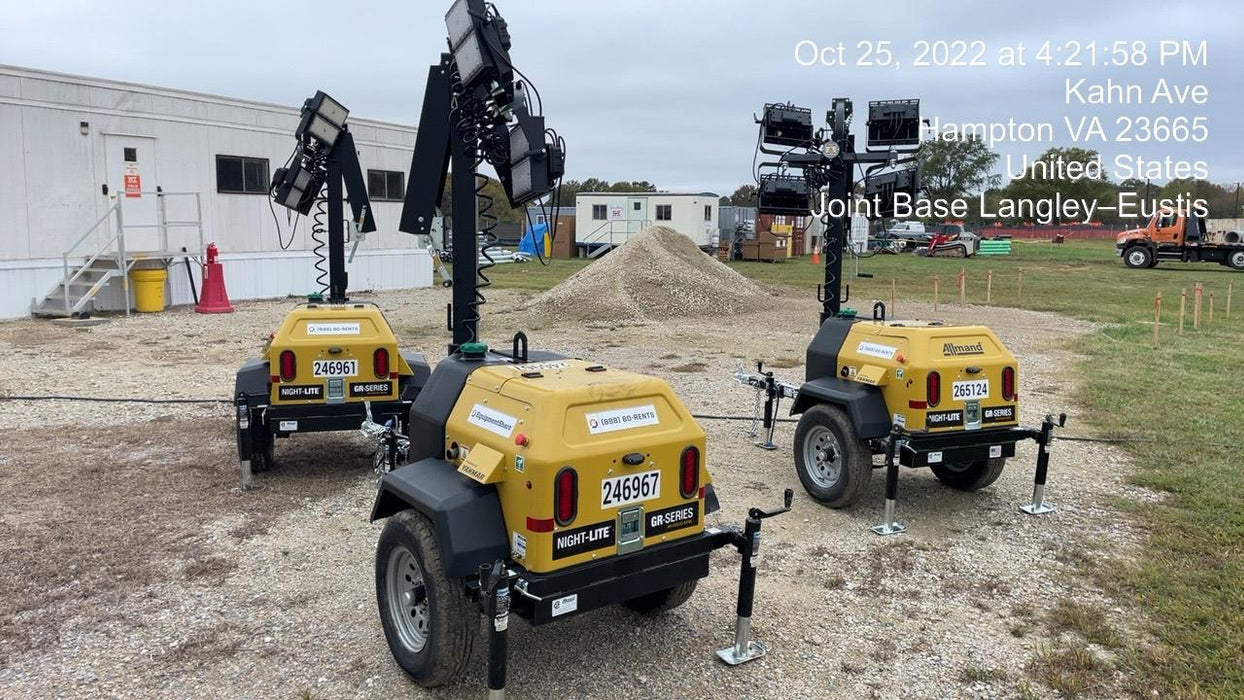 2022 Allmand NLV3GR (4) LED Light Fixture 350W, 23' Vertical Mast, 3kW Prime, Towable, ES Decals, T3