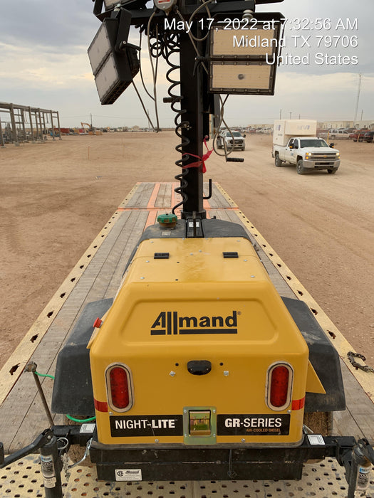 Allmand NLV3GR (4) LED Light Fixture 350W, 23' Vertical Mast, 3kW Prime, Towable, Deep Sea L401, Leveling Jacks, Yanmar T4F 5.8hp