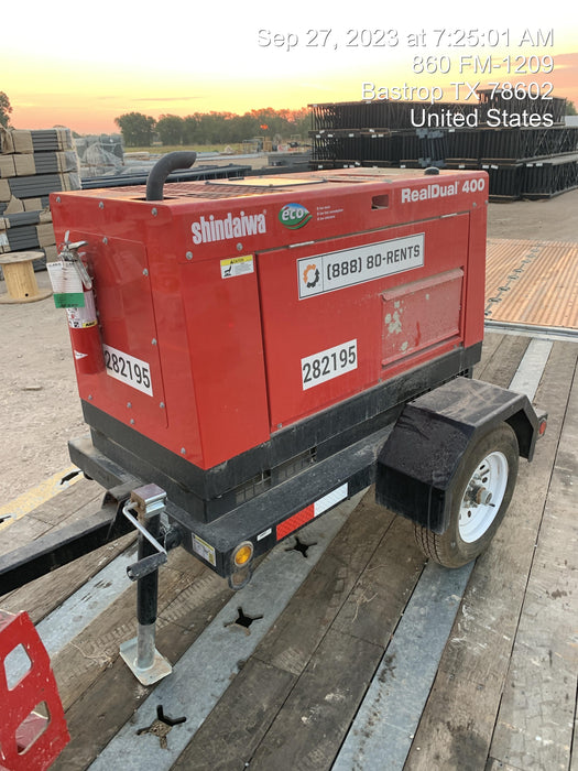 2022 Shindaiwa DGW400MDL Kubota D902 Engine, 23 HP, Dual Op Welder, Wire, Arc, Droop Stick, Tig, and CC Stick Functionality, Simulphase, 3 Phase and 1 Phase Gen Output, Single Axle NB Trlr, Slr Trckl Chrg 12V 12W, Fire Ext