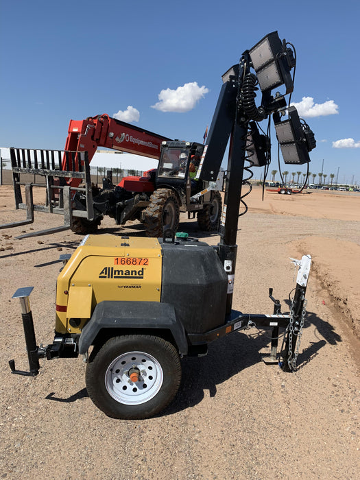 2021 Allmand NLV3GR (4) LED Light Fixture 350W, 23' Vertical Mast, 3kW Prime, Towable, Deep Sea L401, Leveling Jacks, Yanmar T4F 5.8hp