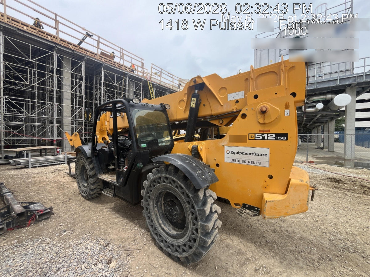2019 JCB 512-56 74 HP w/Open ROPS, Beacon, Aux Hydraulics, Worklights, Solid Tires w/60" Carriage/Forks