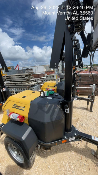 2022 Allmand NLV3GR (4) LED Light Fixture 350W, 23' Vertical Mast, 3kW Prime, Towable, Deep Sea L401, Leveling Jacks, Yanmar T4F 5.8hp