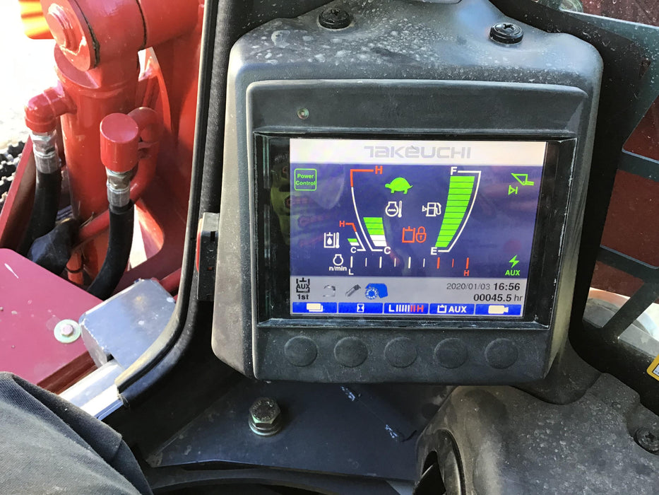 2019 Takeuchi TL10V2-CR Cab/Heat/AC, Rubber Tracks, Backup Alarm, Front & rear working Lights, Auxiliary Hydraulics, 2 Speed Travel, Engine Monitoring System, Hydraulic universal quick hitch w/76" HD dirt bucket with 8 teeth, 20.3 cubic feet capacity, 48" Pallet forks and frame