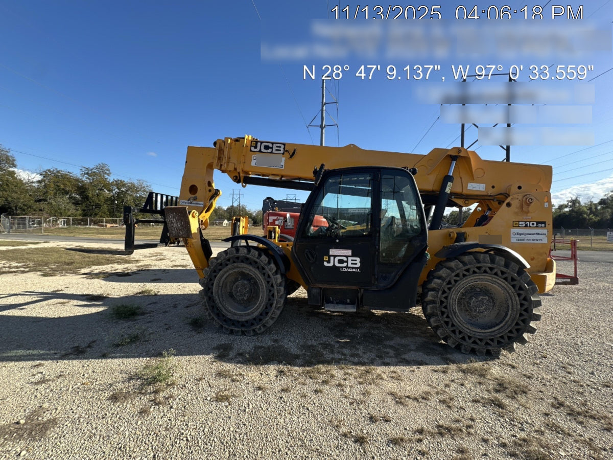 2018 JCB 510-56 JCB 510-56 Telehandler 74 HP w/CAB/HVAC, Beacon, Worklights, Aux Hydraulics, Solid Tires, 60" Carriage/Forks
