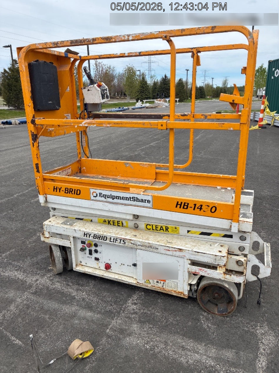 Custom Equipment HB-1430 <ul>
 <li>Hy-Brid Scissor Lift</li>
  <li>Platform capacity up to 670 lbs.</li>
  <li>Working height up to 20 ft</li>
  <li>Weighs under 1,700 lbs.</li>
  <li>Non-marking wheels </li>
</ul>