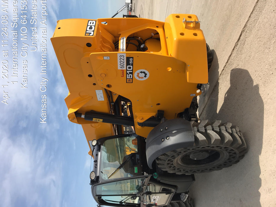 2020 JCB 510-56 Cab/Heat/Air, 74 HP, Solid Tires, STD Worklight, Beacon, Aux Hydraulics, Lifting Eye, Back up Alarm w/66" Carriage/60" Forks