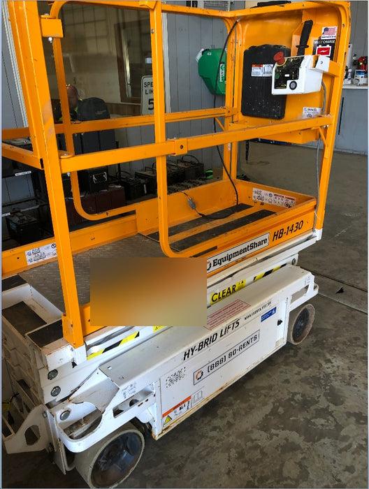 Custom Equipment HB-1430 Hy-Brid Scissor Lift
Platform capacity up to 670 lbs
Working height up to 20 ft
Weighs under 1,700 lbs
Non-marking wheels