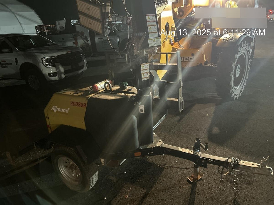 2022 Allmand NLV3GR (4) LED Light Fixture 350W, 23' Vertical Mast, 3kW Prime, Towable, Deep Sea L401, Leveling Jacks, Yanmar T4F 5.8hp