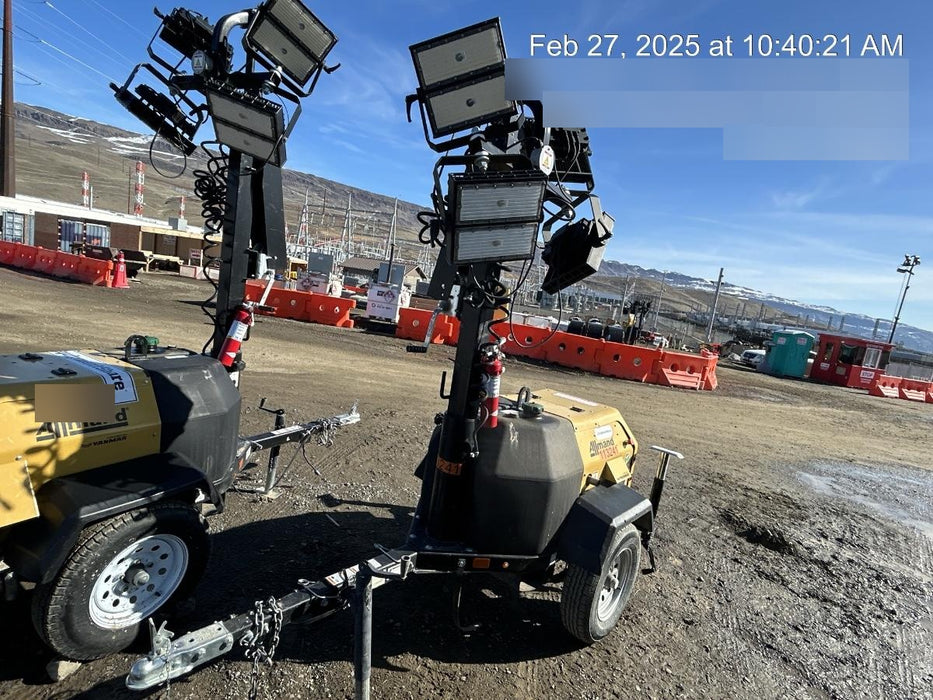 2021 Allmand NLV3GR (4) LED Light Fixture 350W, 23' Vertical Mast, 3kW Prime, Towable, Deep Sea L401, Leveling Jacks, Yanmar T4F 5.8hp