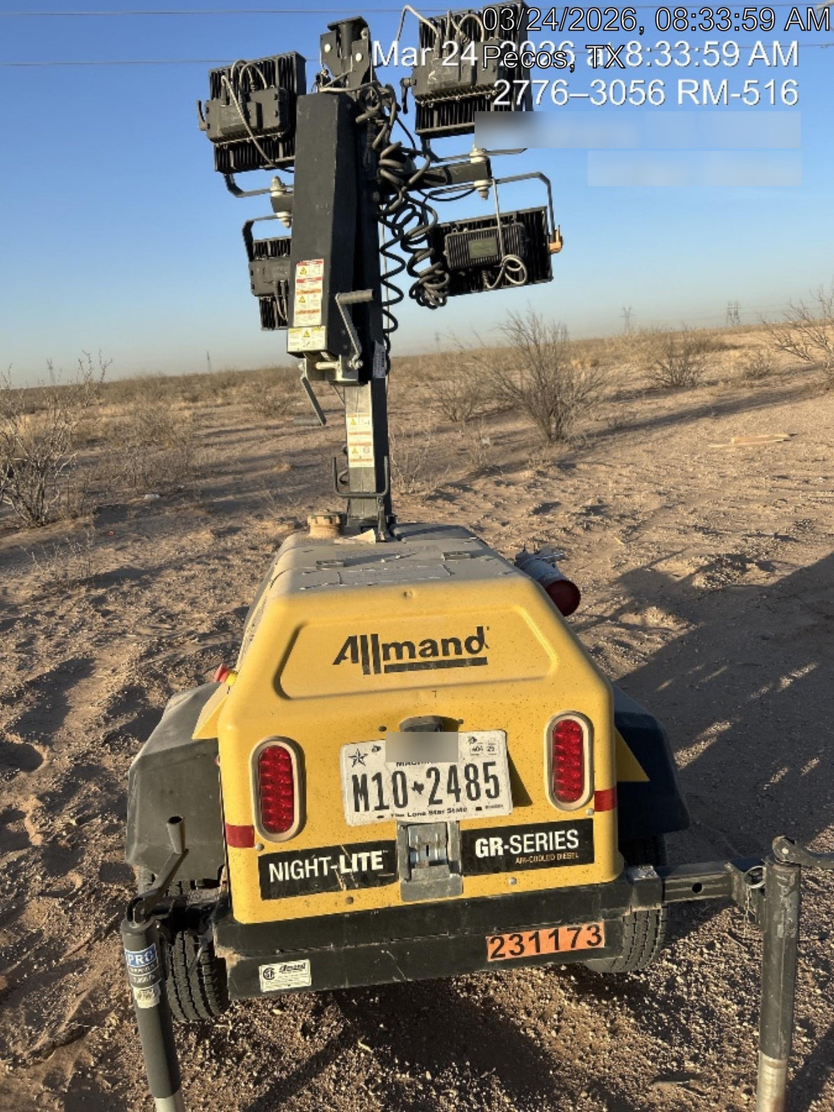 2022 Allmand NLV3GR (4) LED Light Fixture 350W, 23' Vertical Mast, 3kW Prime, Towable, Deep Sea L401, Leveling Jacks, Yanmar T4F 5.8hp