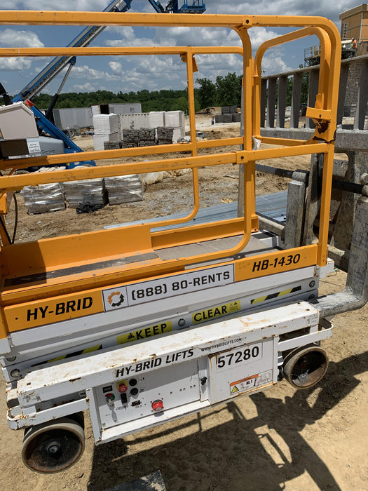 Custom Equipment HB-1430 Hy-Brid Scissor Lift
Platform capacity up to 670 lbs
Working height up to 20 ft
Weighs under 1,700 lbs
Non-marking wheels