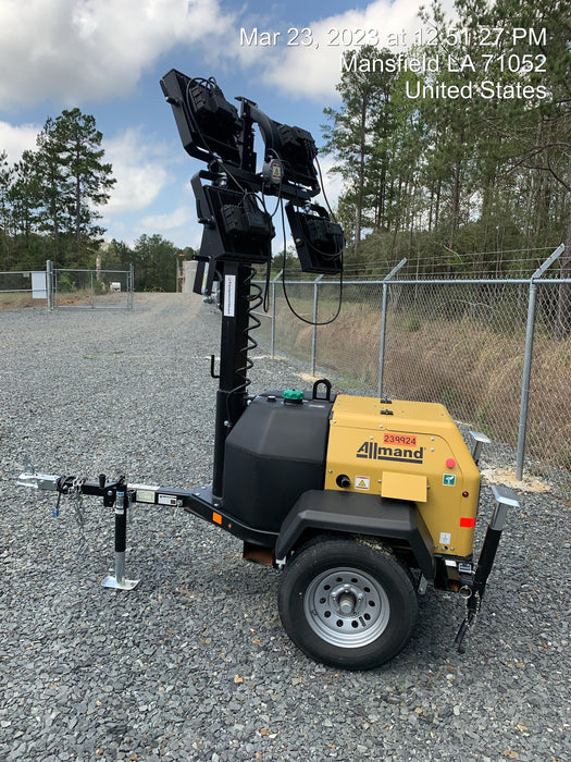 2022 Allmand NLV3GR (4) LED Light Fixture 350W, 23' Vertical Mast, 3kW Prime, Towable, Deep Sea L401, Leveling Jacks, Yanmar T4F 5.8hp