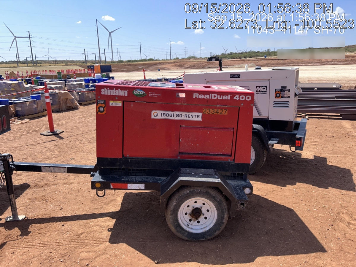 2022 Shindaiwa DGW400MDL Kubota D902 Engine, 23 HP, Dual Op Welder, Wire, Arc, Droop Stick, Tig, and CC Stick Functionality, Simulphase, 3 Phase and 1 Phase Gen Output, Single Axle NB Trlr, Slr Trckl Chrg 12V 12W, Fire Ext
