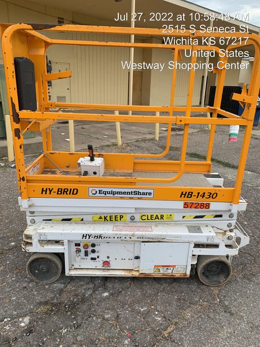 Custom Equipment HB-1430 Hy-Brid Scissor Lift
Platform capacity up to 670 lbs
Working height up to 20 ft
Weighs under 1,700 lbs
Non-marking wheels