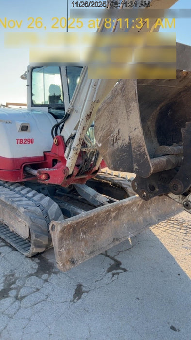 2019 Takeuchi TB290 Cab, AC, Rubber Tracks, Dozer Blade, Travel Alarm, Control Pattern Change Valve, Auxiliary Hydraulics w/18" Quick Coupler Bucket with teeth, 6.2 cu. ft. capacity/24" Quick Coupler Bucket with teeth, 8.6 cu. ft. capacity/36" Quick Coupler Bucket with teeth, 13.4 cu. ft. capacity, Quick Coupler, Hydraulic Thumb Installed