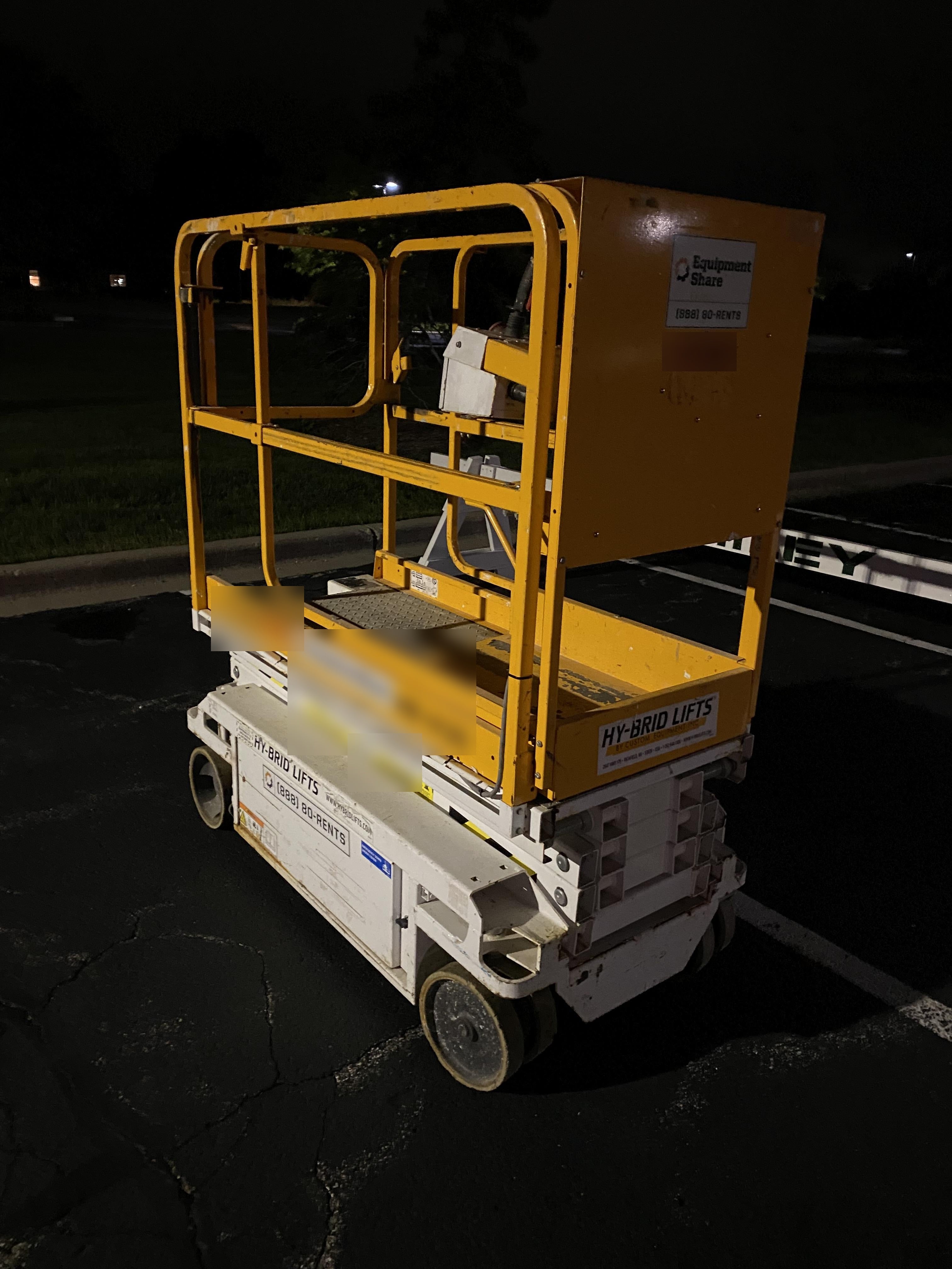Custom Equipment HB-1430 <ul>
 <li>Hy-Brid Scissor Lift</li>
  <li>Platform capacity up to 670 lbs.</li>
  <li>Working height up to 20 ft</li>
  <li>Weighs under 1,700 lbs.</li>
  <li>Non-marking wheels </li>
</ul>
